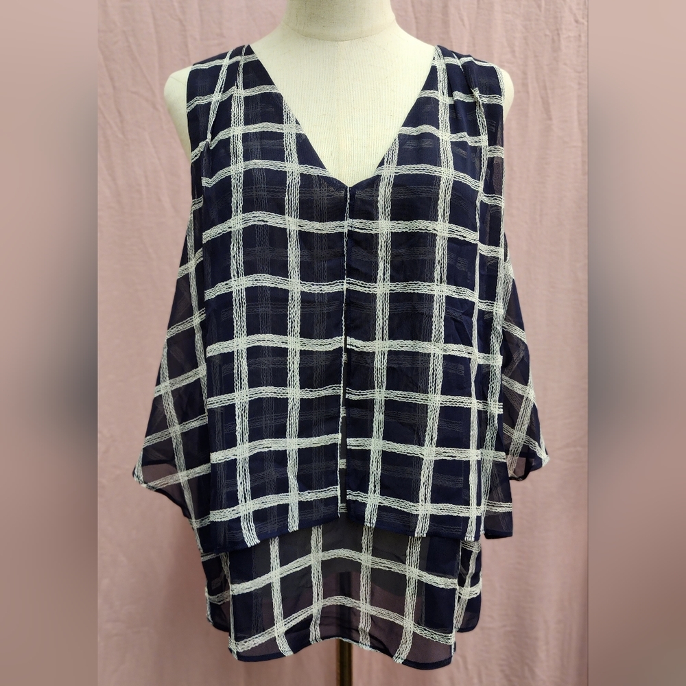 Lumière Chiffon Grid Print Flowy Double Layer Sleeve Top-(Large)NEW